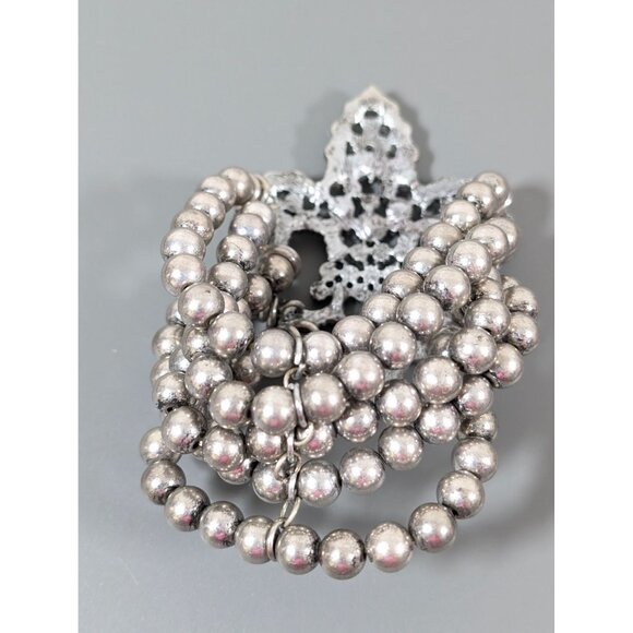 Silver Tone Fleur De Lis Rhinestone Five Row Bead Statement Bracelet 7" - Picture 4 of 7